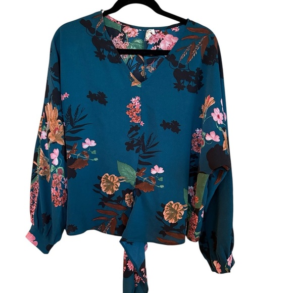 Umgee Teal Floral Tie-Front Blouse Sz.S - Picture 2 of 6